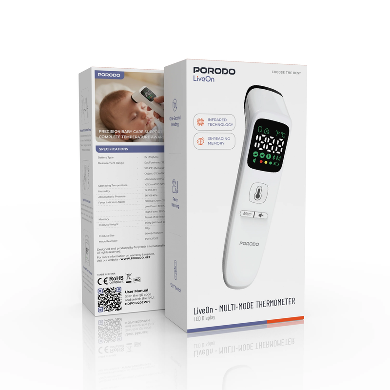 Porodo Infrared Thermometer for Object and Forehead with LED Display - White