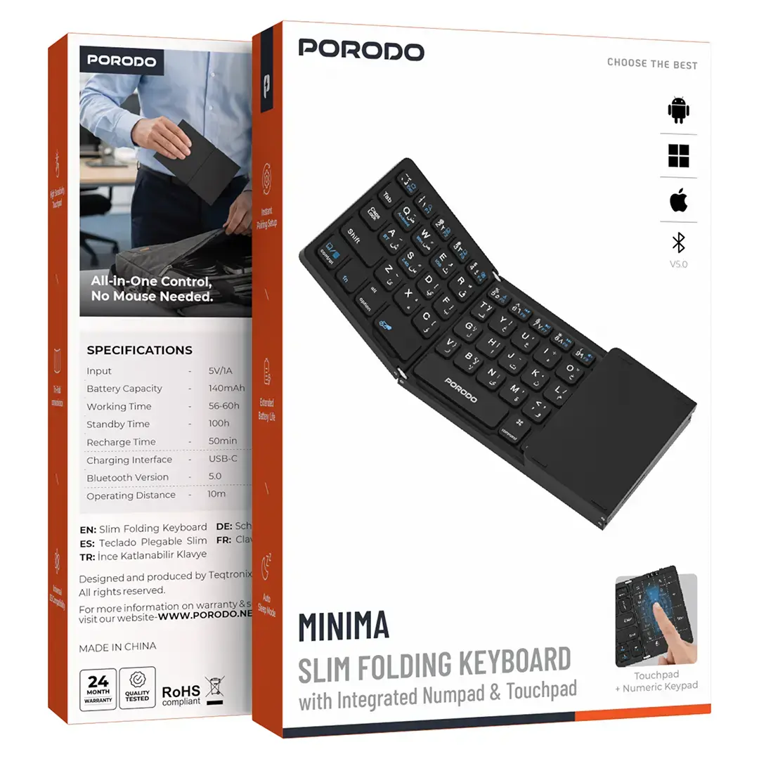 Porodo Slim Folding Keyboard with Integrated Numpad & Touchpad - Black