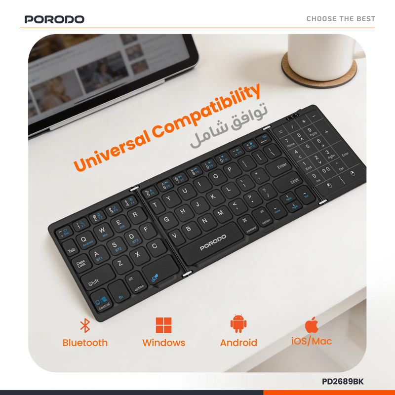 Porodo Slim Folding Keyboard with Integrated Numpad & Touchpad - Black