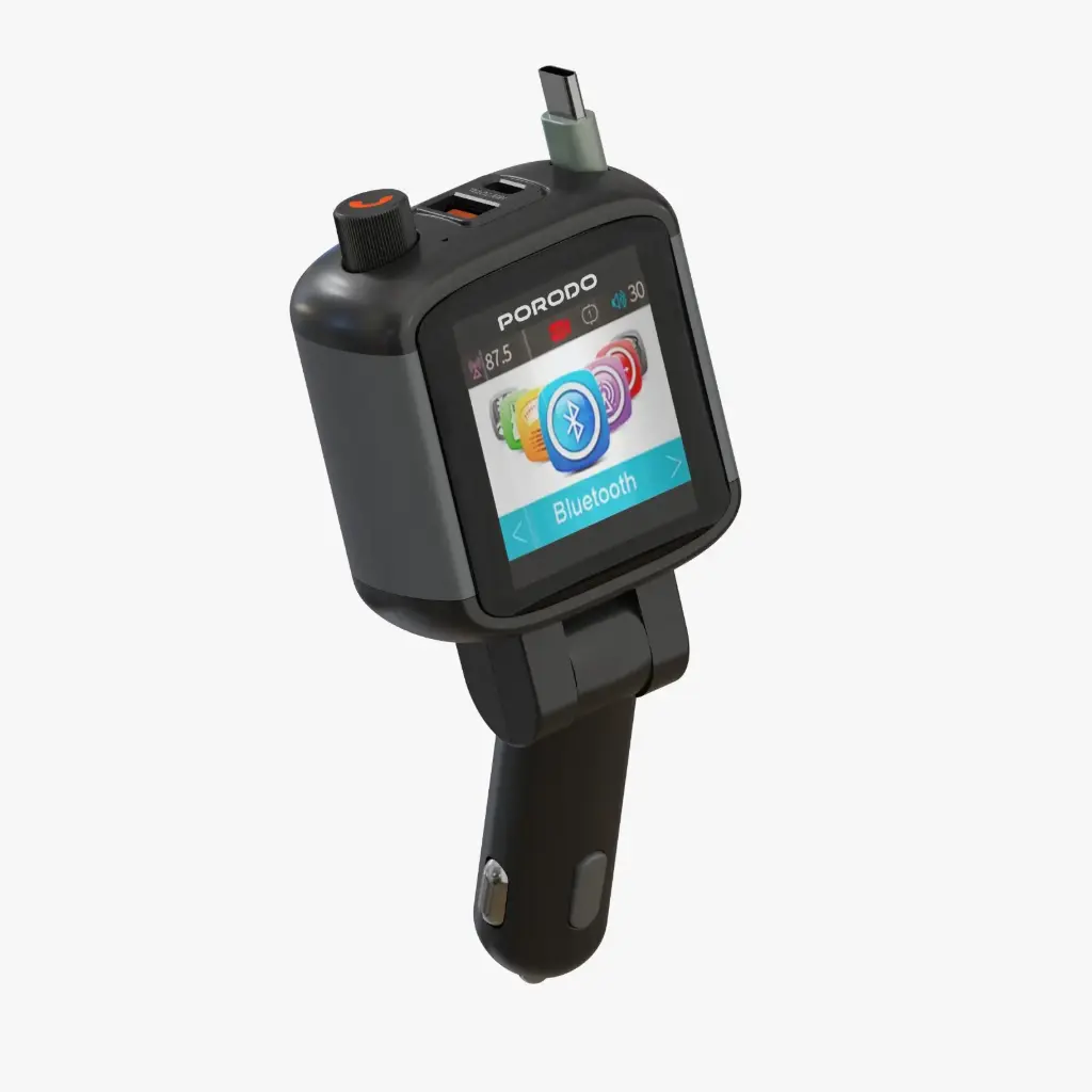 Porodo BT Transmitter Car Charger with Screen Retractable Cable - Black