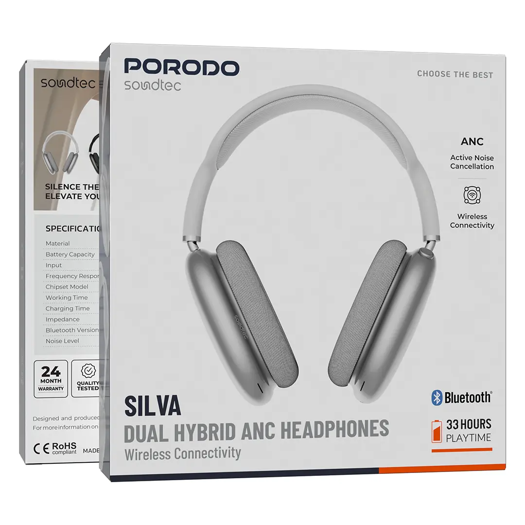 Porodo Soundtec  1037 Dual hybrid Noise Cancellation Headphone With 400 mAh Battery - Grey