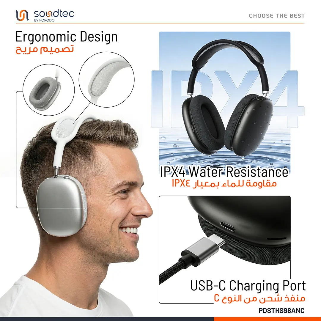 Porodo Soundtec  1037 Dual hybrid Noise Cancellation Headphone With 400 mAh Battery - Grey