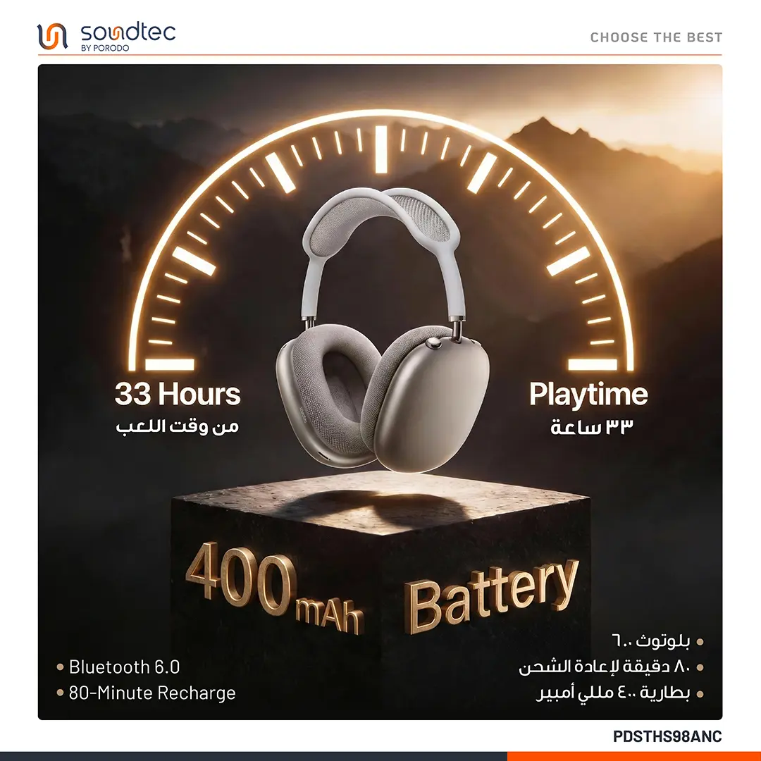 Porodo Soundtec  1037 Dual hybrid Noise Cancellation Headphone With 400 mAh Battery - Grey