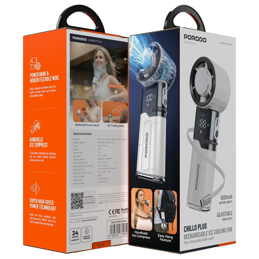 Porodo lifestyle Chillo Plus portable Fan with Retractable Cable & 6000mAh Power Bank – White