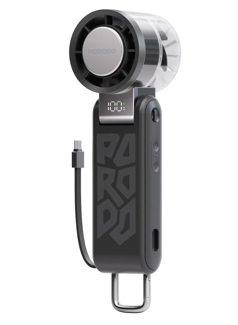Porodo Lifestyle 4000mAh Foldable Handheld Fan with Semi Conductor and Inbuilt Cable - Black