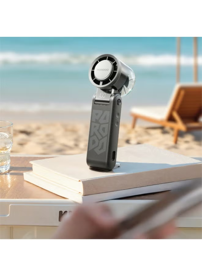Porodo Lifestyle 4000mAh Foldable Handheld Fan with Semi Conductor and Inbuilt Cable - Black