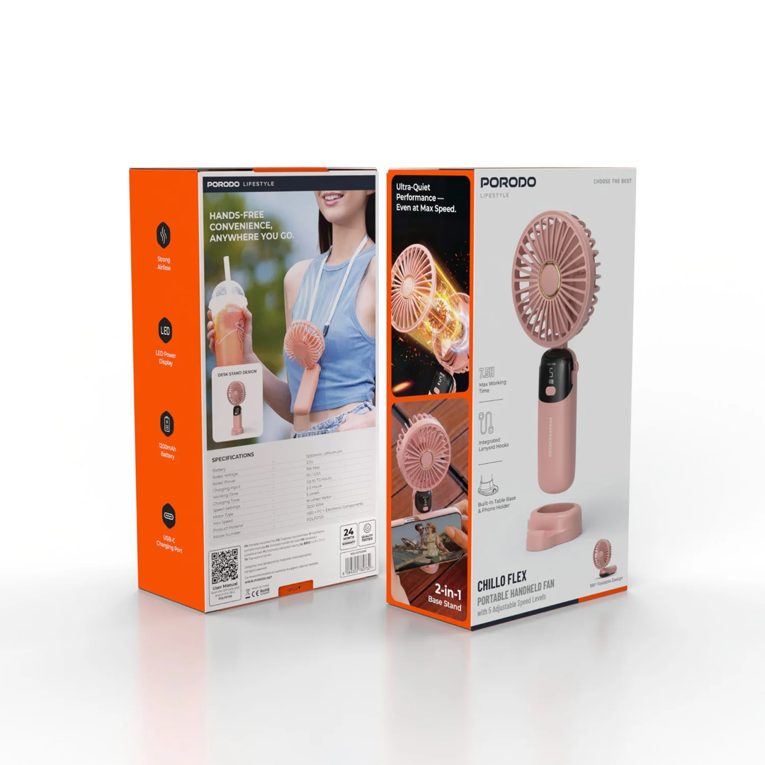Porodo lifestyle handheld Fan With Led Display (PINK)