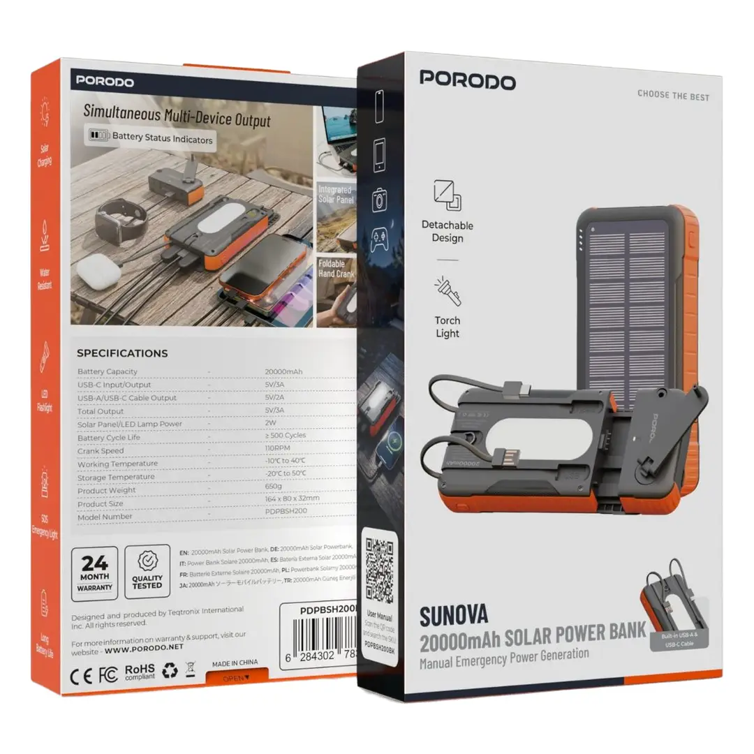 Porodo Solar Powerbank 20000mAh with Detachable Hand Generator Torch Light & Cables – Black
