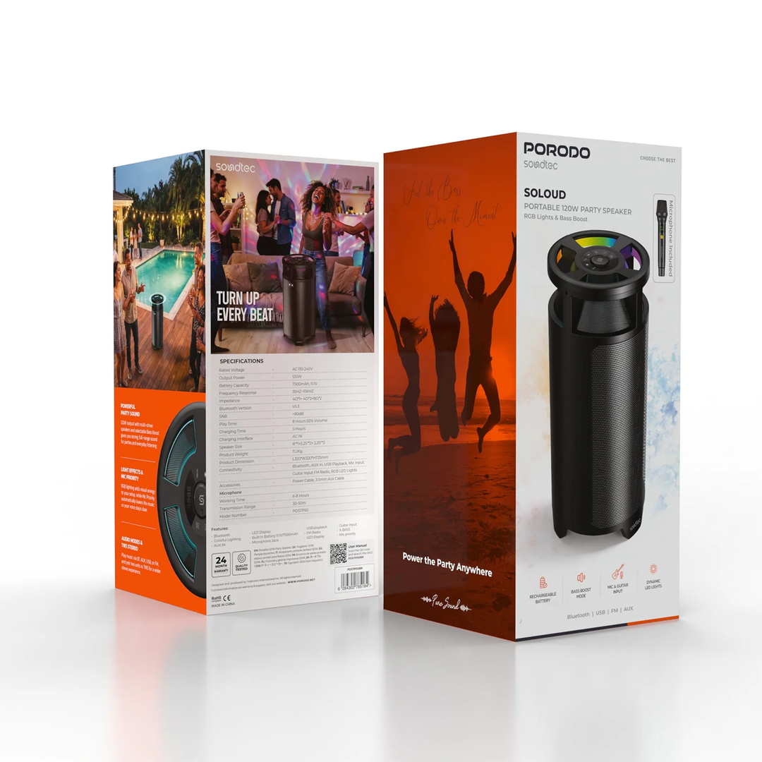 Porodo soundtec 120W R.M.S & 480W Max Party Speaker with 7000mAh Battery - Black