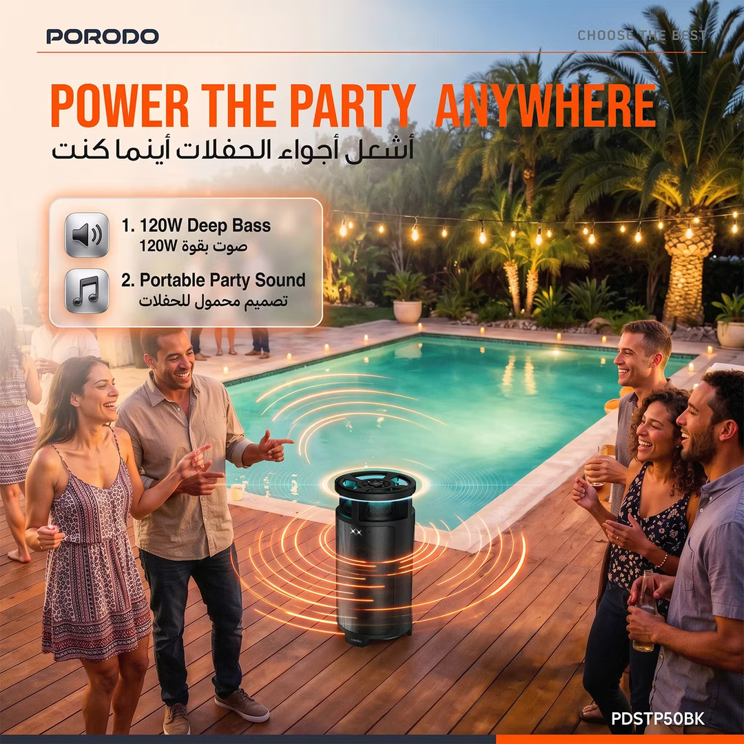 Porodo soundtec 120W R.M.S & 480W Max Party Speaker with 7000mAh Battery - Black