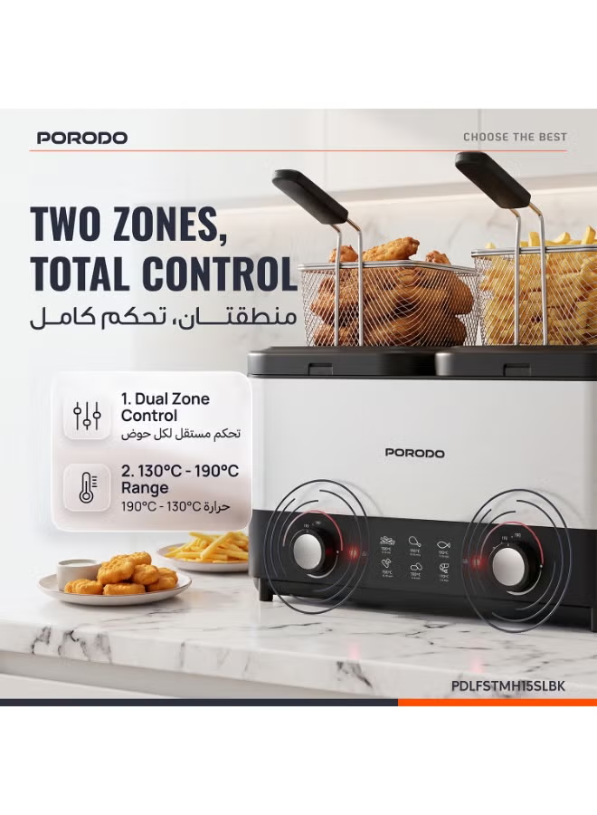 Porodo Lifestyle Electric Dual Deep Fryer 1.5L- Black & Silver