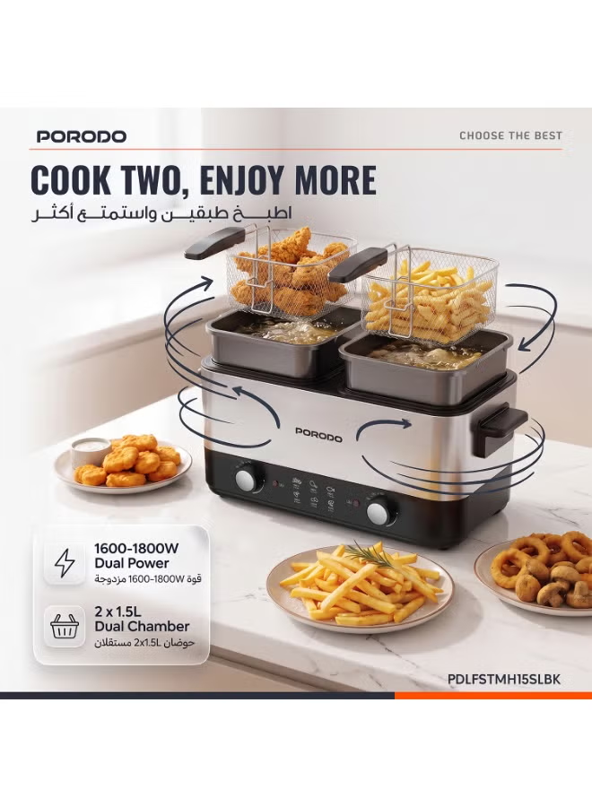 Porodo Lifestyle Electric Dual Deep Fryer 1.5L- Black & Silver
