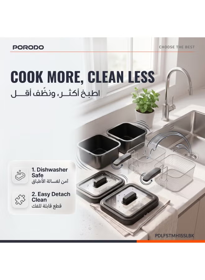 Porodo Lifestyle Electric Dual Deep Fryer 1.5L- Black & Silver
