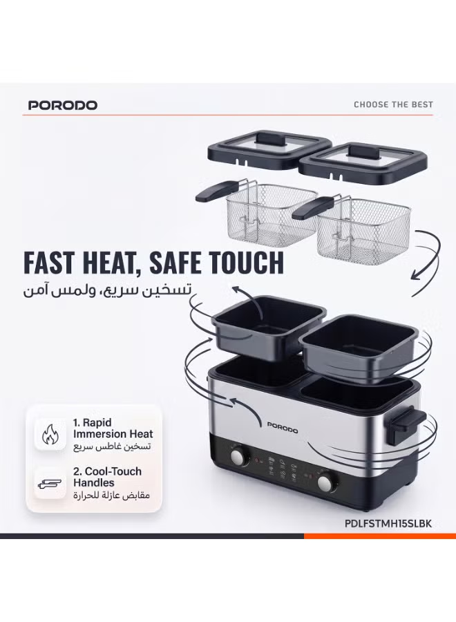 Porodo Lifestyle Electric Dual Deep Fryer 1.5L- Black & Silver