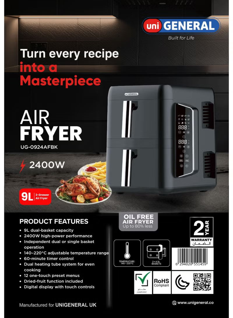 UNI GENERAL AIR FRYER DOUBLE STACK 9L 2400W BLACK