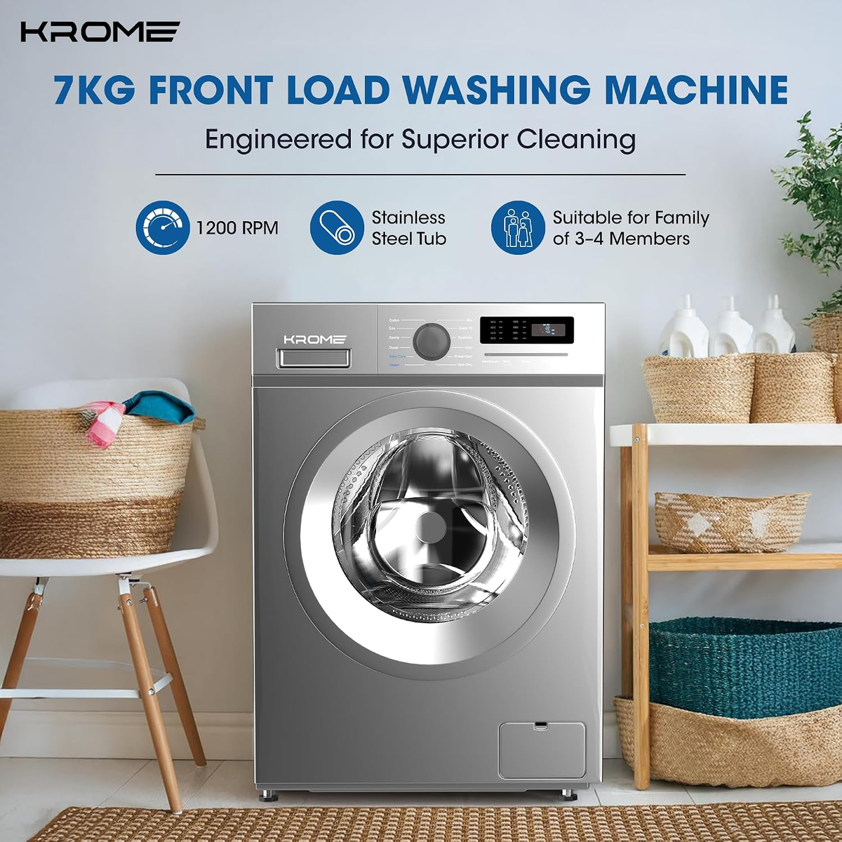 Krome Front Load Washing 7 Kg Capacity KR-WFL707SIS