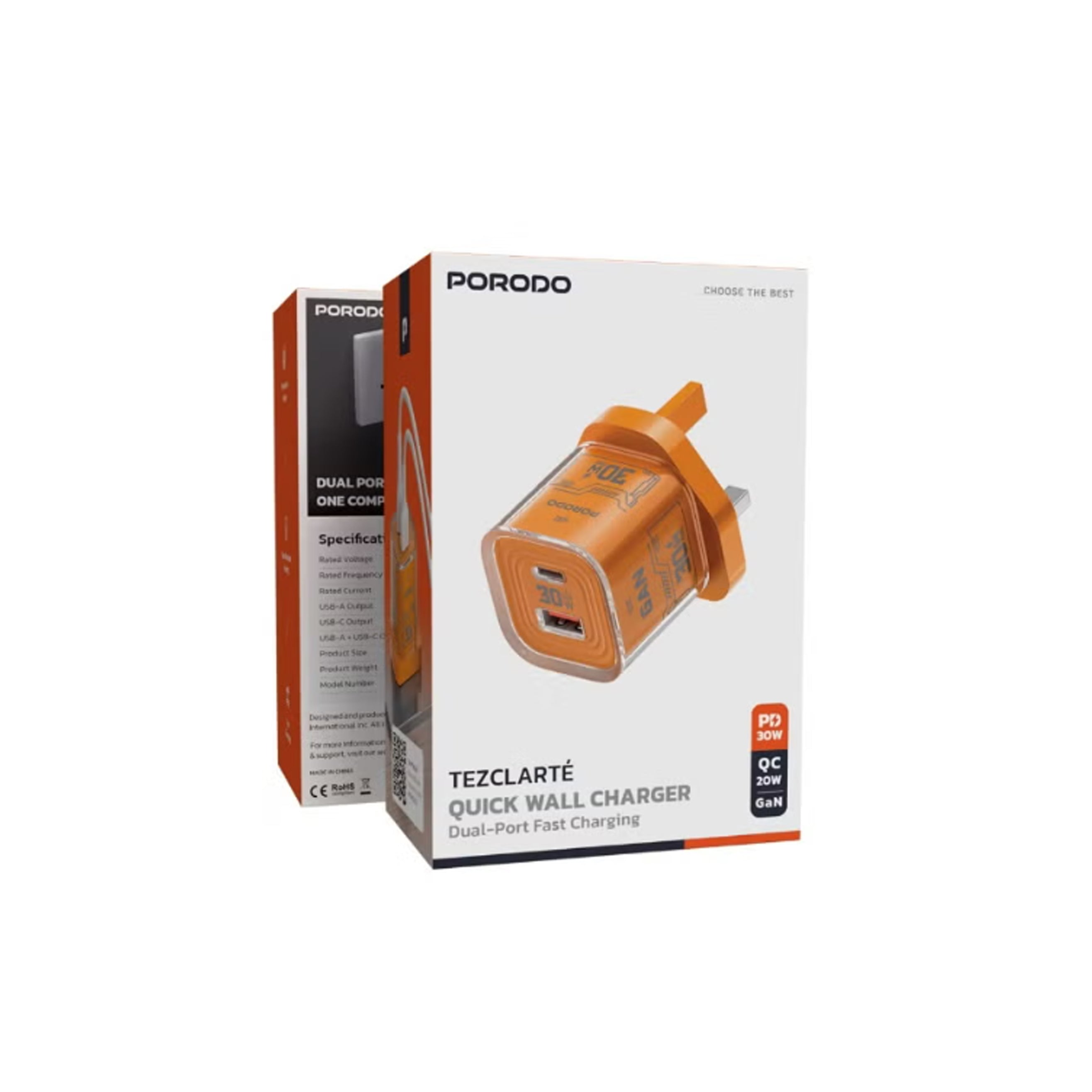 شاحن حائط Porodo TEZCLARTÉ GaN بقدرة 30 واط بمنفذين USB-C وUSB-A