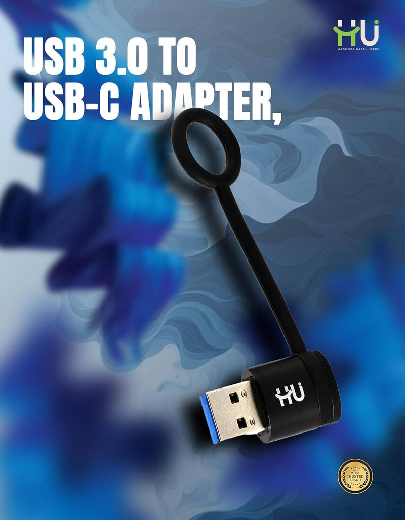 HU USB 3.0 Male to USB-C Female Adapter High-Speed Data Transfer Compact Design for Charging & Syncing USB-C Devices, Black HAC-1009