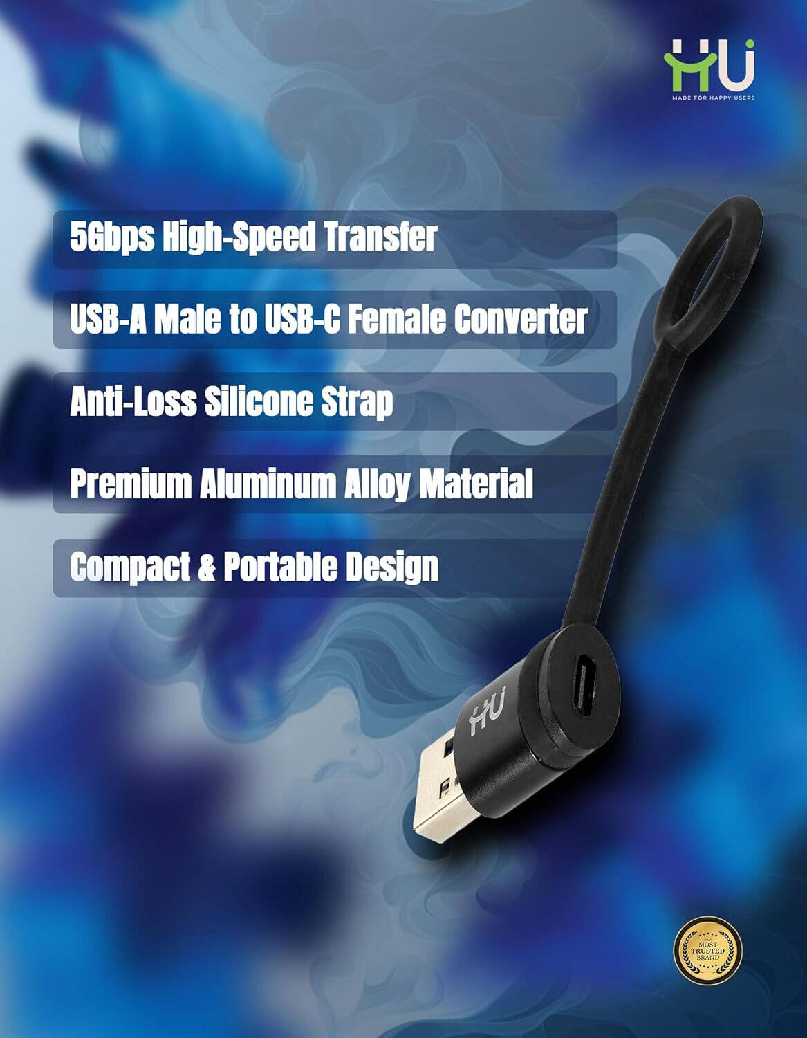 HU USB 3.0 Male to USB-C Female Adapter High-Speed Data Transfer Compact Design for Charging & Syncing USB-C Devices, Black HAC-1009