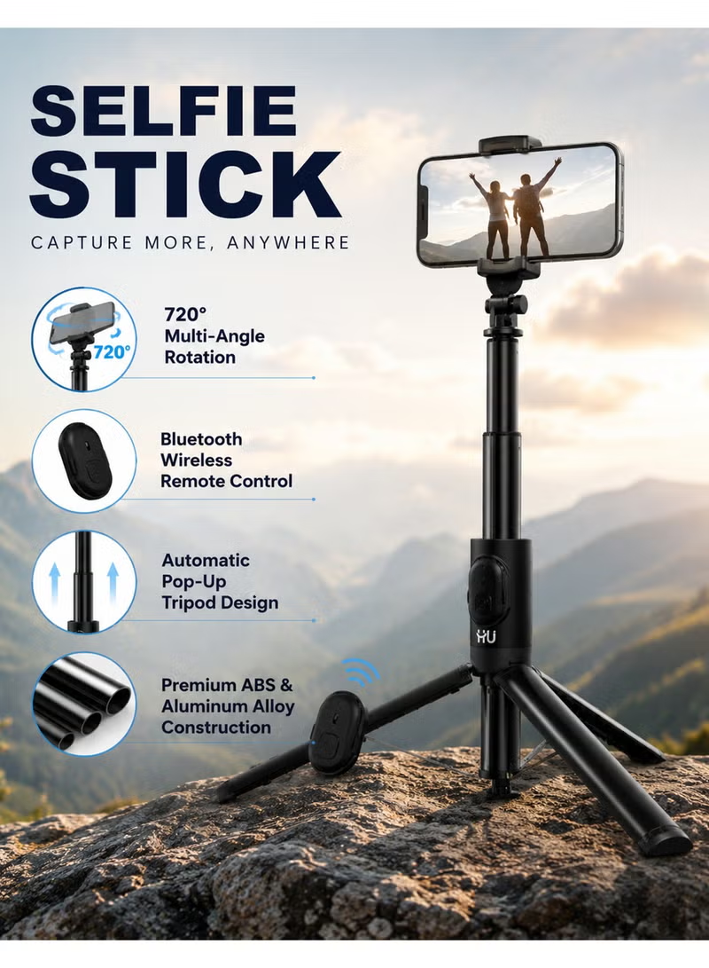 HU Bluetooth Selfie Stick Tripod1.7m Extendable Selfie Stick Automatic Pop-Up Tripod and Phone Holder for Photography HAC-1056