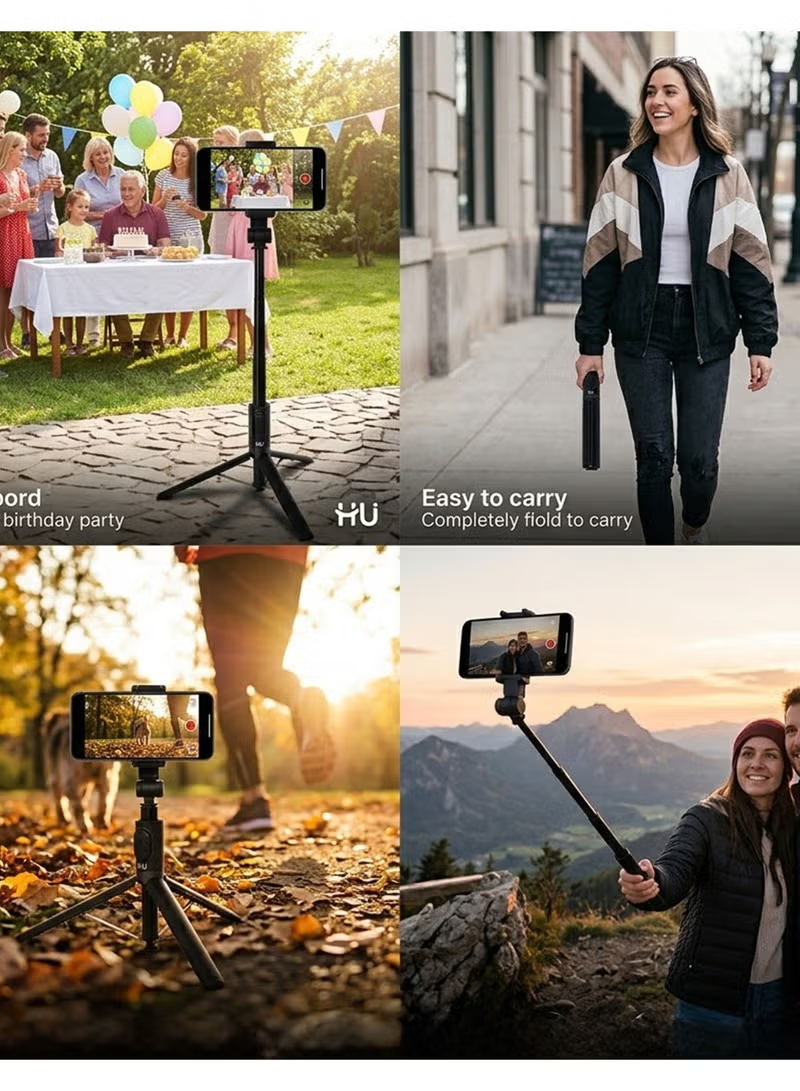 HU Bluetooth Selfie Stick Tripod1.7m Extendable Selfie Stick Automatic Pop-Up Tripod and Phone Holder for Photography HAC-1056