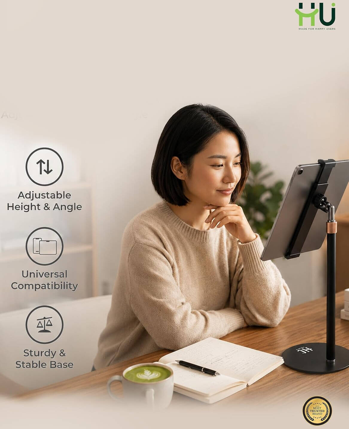 HU Multi-Function Desktop Phone & Tablet Holder Adjustable Height Stand with One-Hand Operation Tablets, Video Calls & Live Streaming, Black  HAC-1020