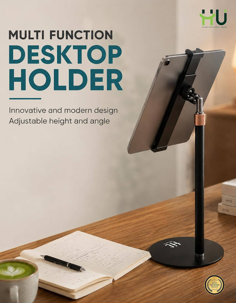 HU Multi-Function Desktop Phone & Tablet Holder Adjustable Height Stand with One-Hand Operation Tablets, Video Calls & Live Streaming, Black  HAC-1020