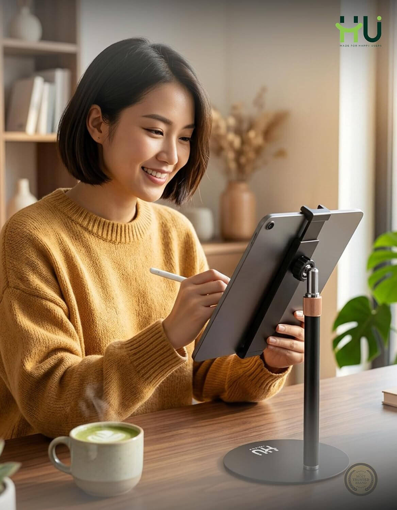 HU Multi-Function Desktop Phone & Tablet Holder Adjustable Height Stand with One-Hand Operation Tablets, Video Calls & Live Streaming, Black  HAC-1020