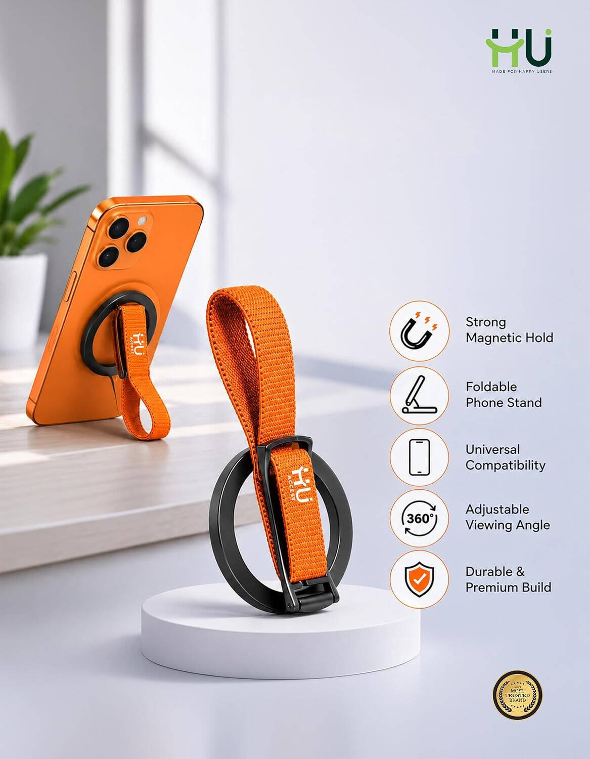 HU Foldable Universal Magnetic Phone Holder, Super Strong Magnet Mobile Stand Compact Portable Magnetic Bracket HAC-1021  (Orange)