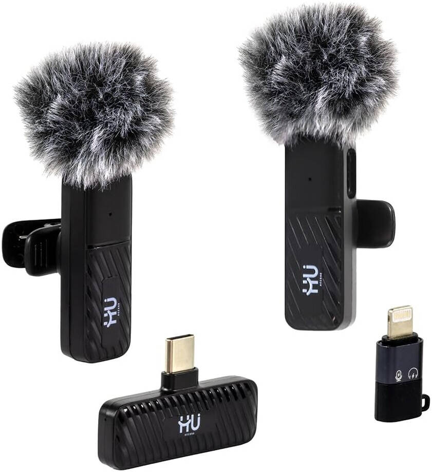 HU Mini Wireless Microphone, Dual Clip Microphone System with USB-C Receiver, Rechargeable Battery, Noise Reduction Video Recording, Black HAC-1026