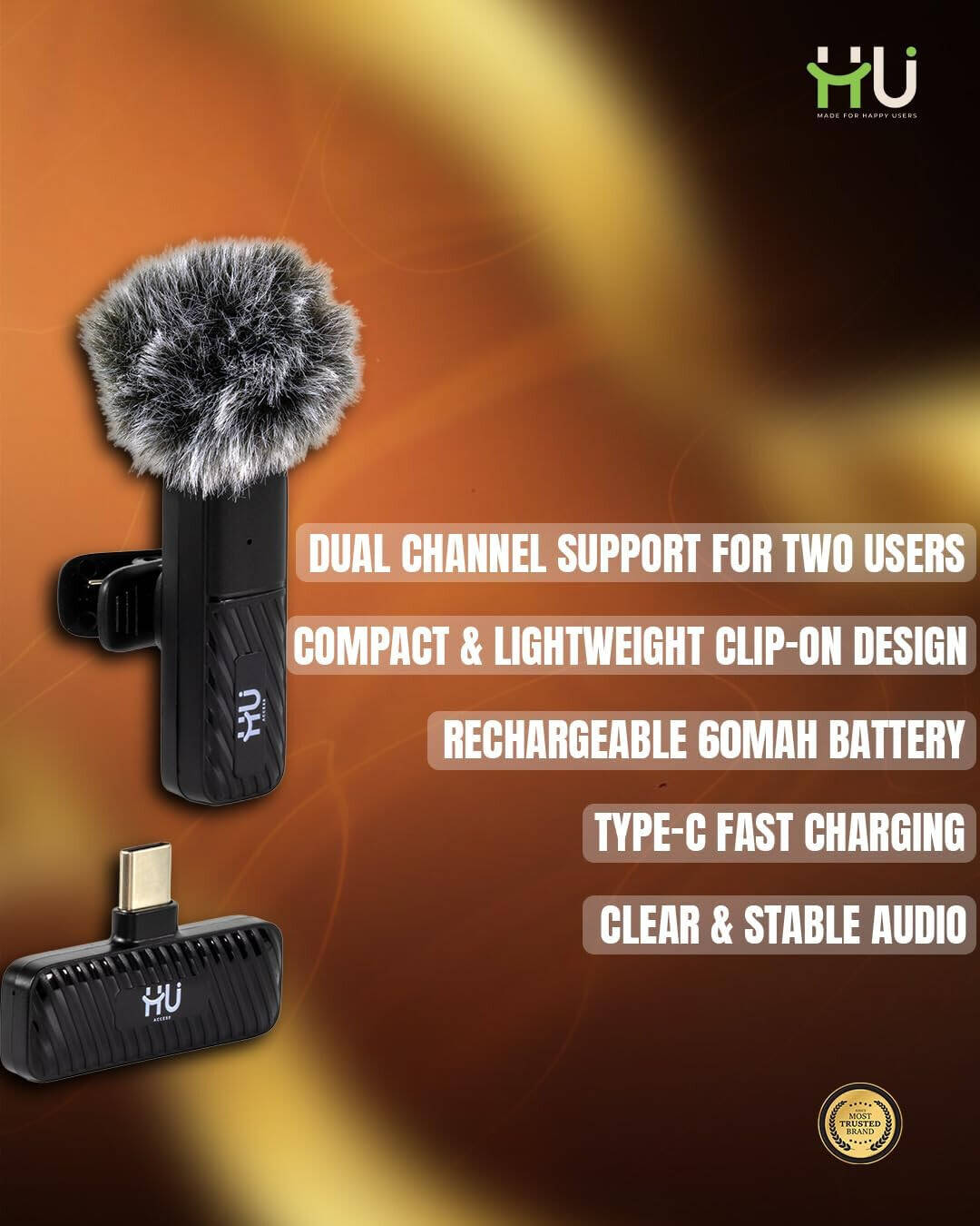 HU Mini Wireless Microphone, Dual Clip Microphone System with USB-C Receiver, Rechargeable Battery, Noise Reduction Video Recording, Black HAC-1026