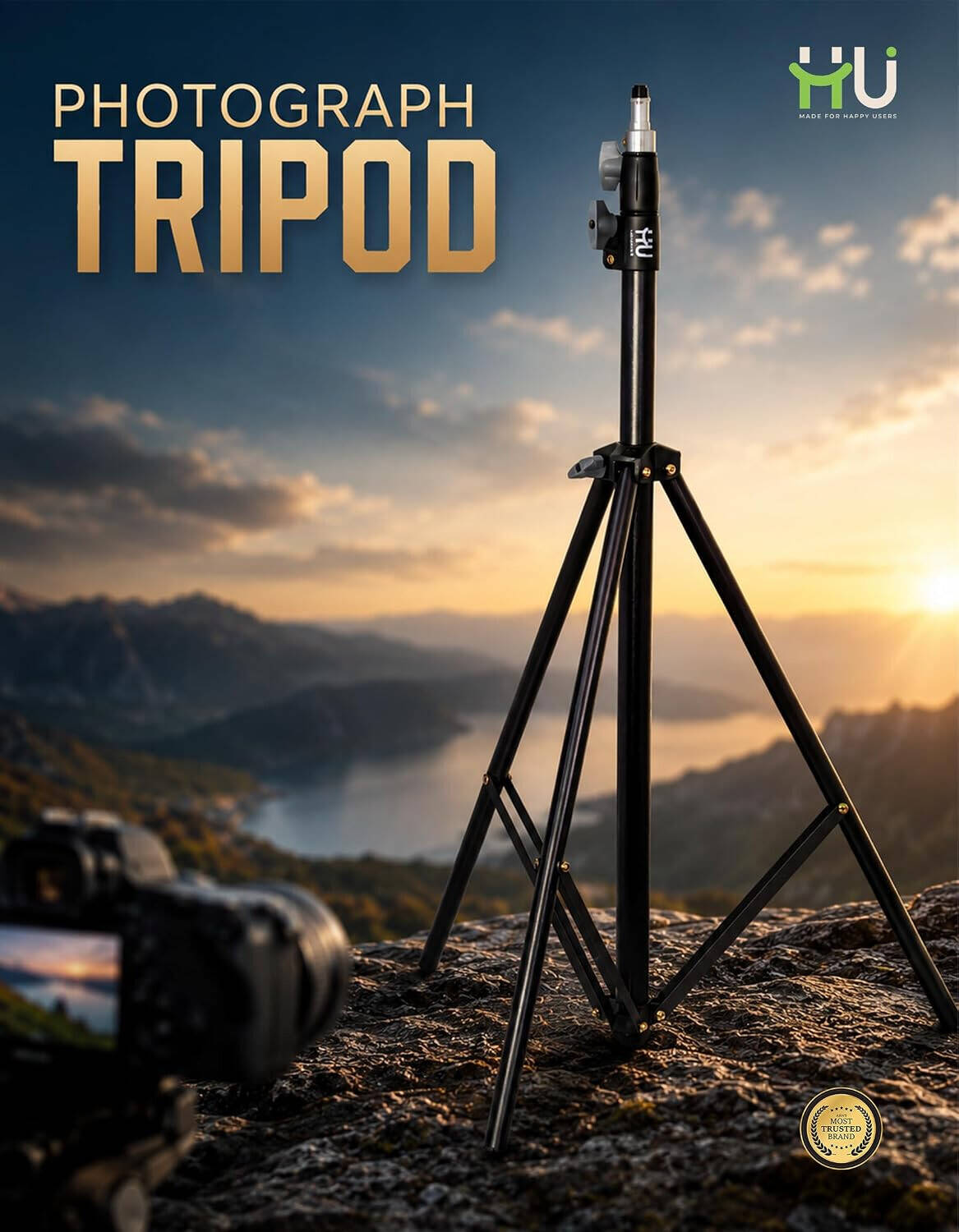 HU Professional Camera Tripod 210cm Adjustable Aluminum Tripod Stand with Portable Storage Bag for DSLR Cameras, Camcorders, Smartphones & Photography, Black | HAC-1027