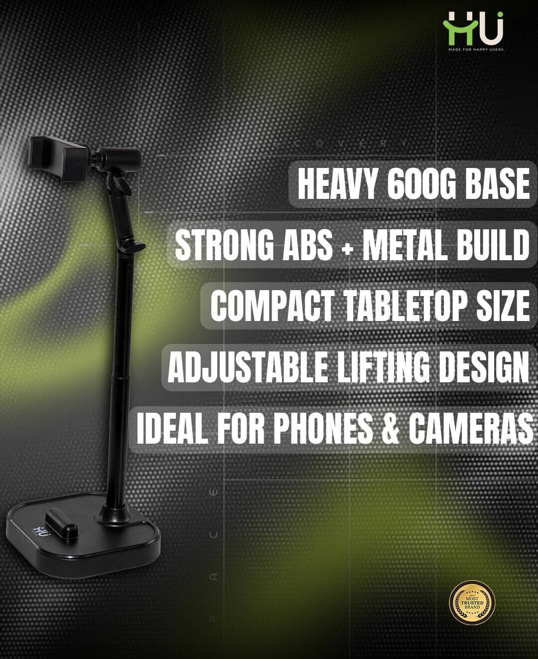 HU Elevator Desktop Phone Holder, Adjustable Multi-Device Stand for Smartphones and Tablets Desktop Stand for Video Recording, Live Streaming and Hands-Free Use, Black | HAC-1028