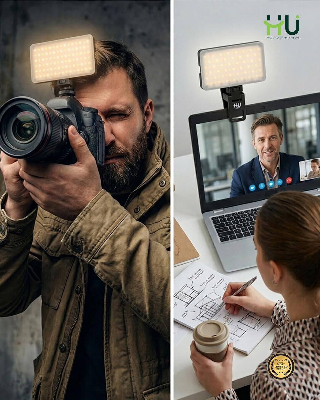 HU LED Camera Light Adjustable Colour Temperature, Portable Streaming & Photography Light for Smartphones Vlogging & Selfies, Black HAC-1030