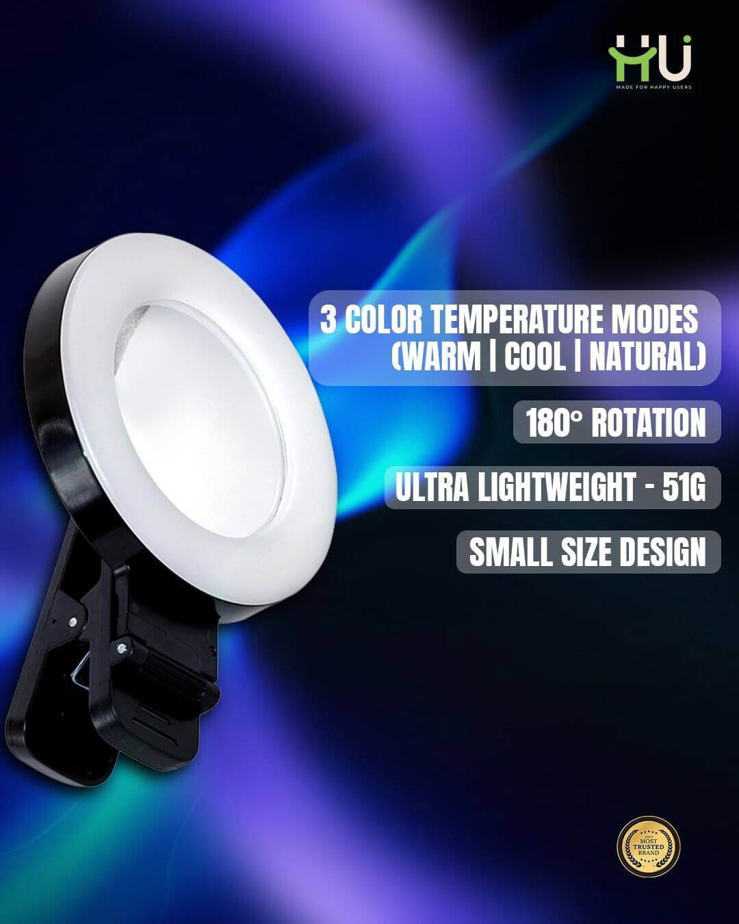 HU Portable LED Fill Light 180° Adjustable Rotation, Ultra-Light 51g Vlogging Light for Selfies Photography & Video Recording, BlackHAC-1031