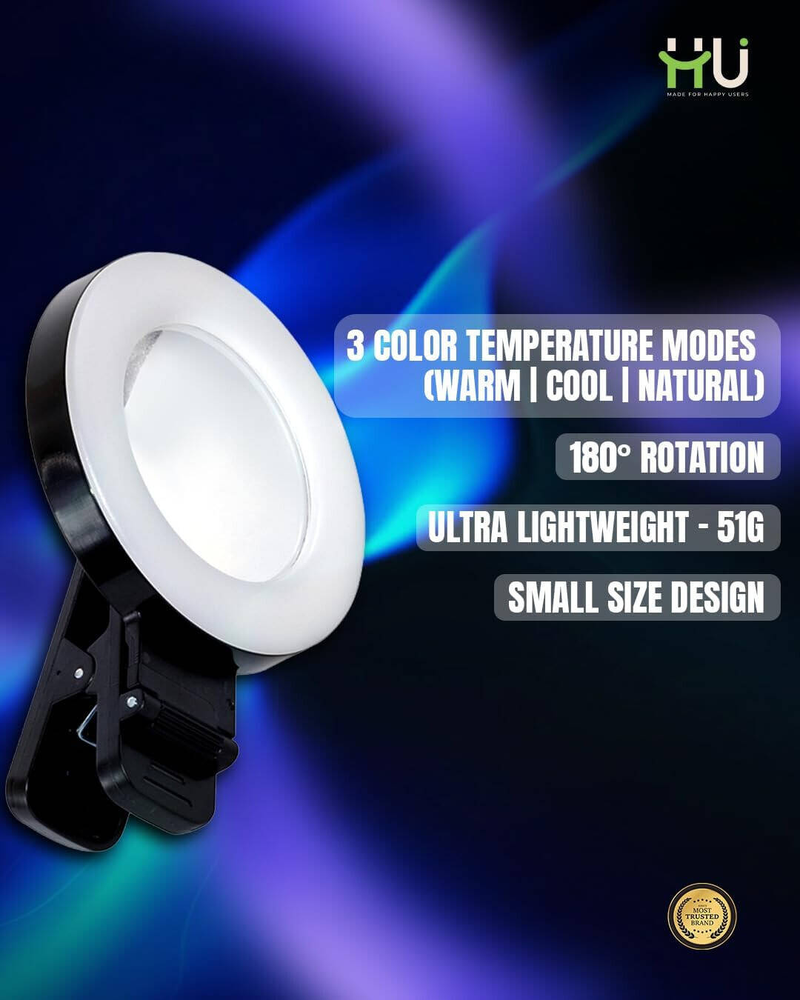 HU Portable LED Fill Light 180° Adjustable Rotation, Ultra-Light 51g Vlogging Light for Selfies Photography & Video Recording, BlackHAC-1031