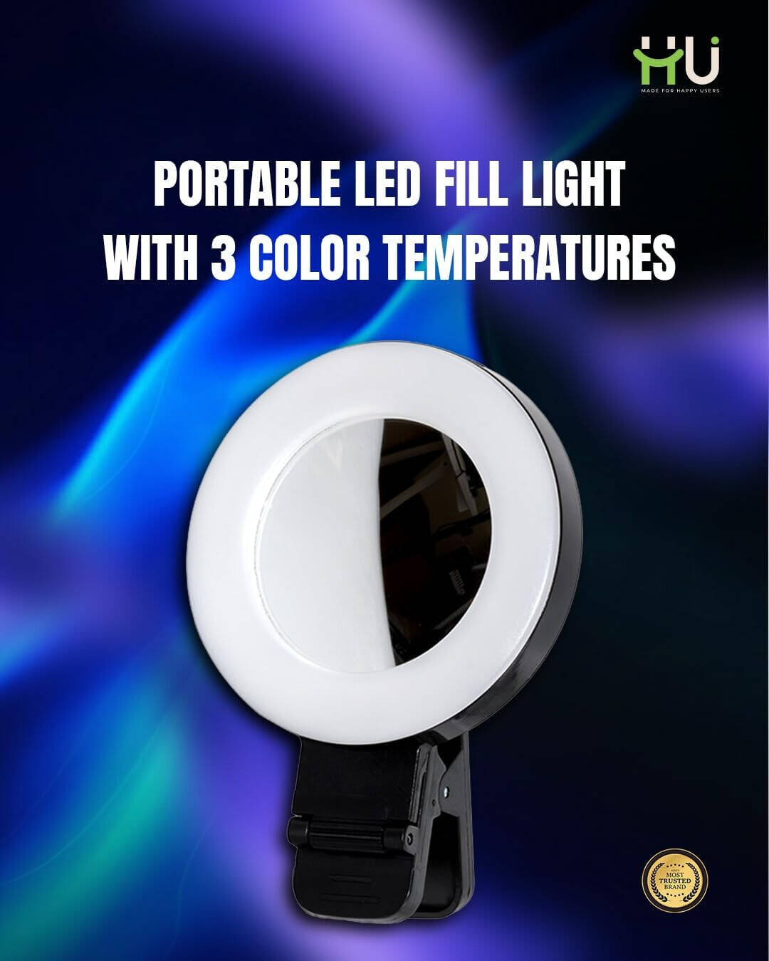 HU Portable LED Fill Light 180° Adjustable Rotation, Ultra-Light 51g Vlogging Light for Selfies Photography & Video Recording, BlackHAC-1031