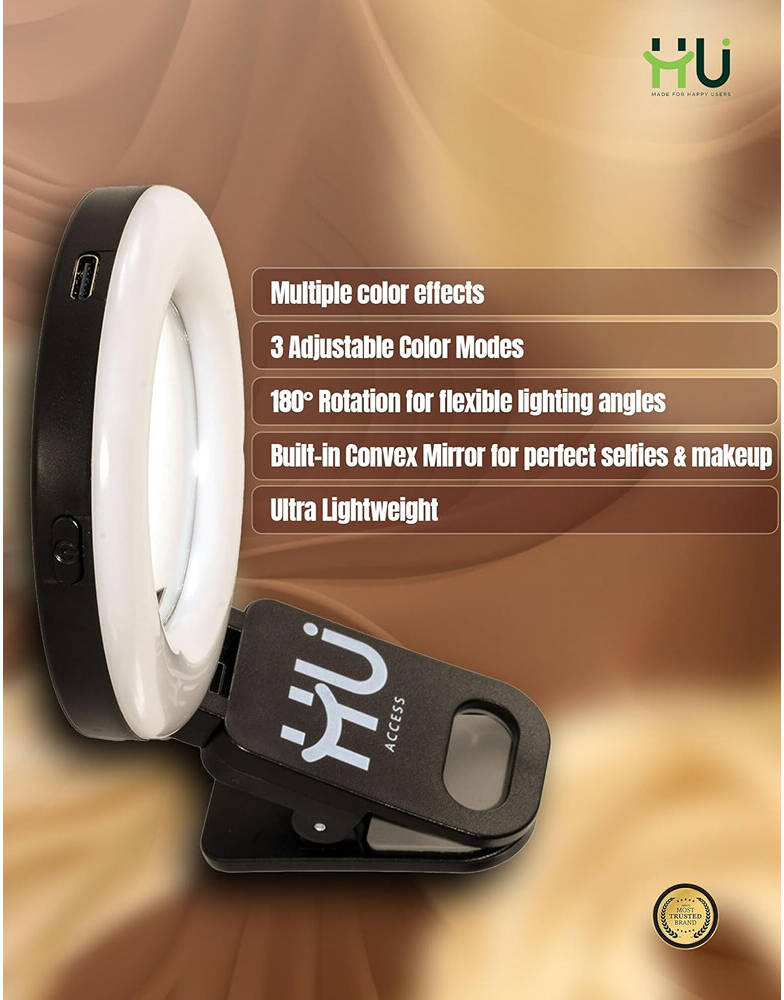 HU Portable RGB LED Light, Adjustable Rotation Ultra Lightweight 51g, Ideal for Videography, Makeup, and Selfies, Black | HAC-1032