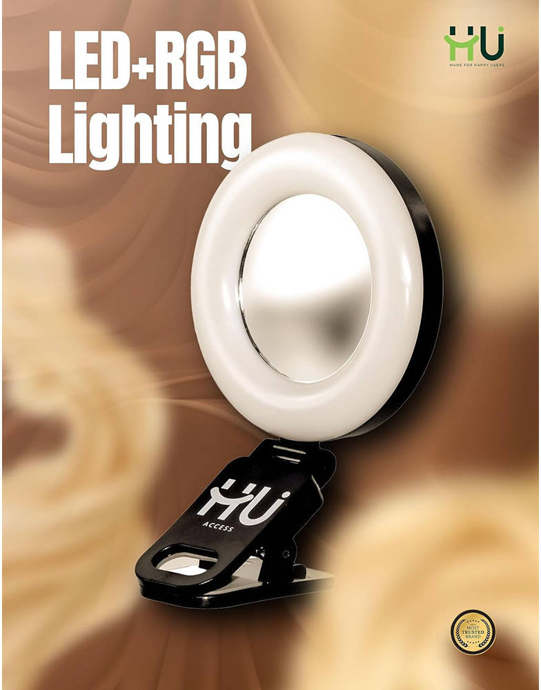 HU Portable RGB LED Light, Adjustable Rotation Ultra Lightweight 51g, Ideal for Videography, Makeup, and Selfies, Black | HAC-1032