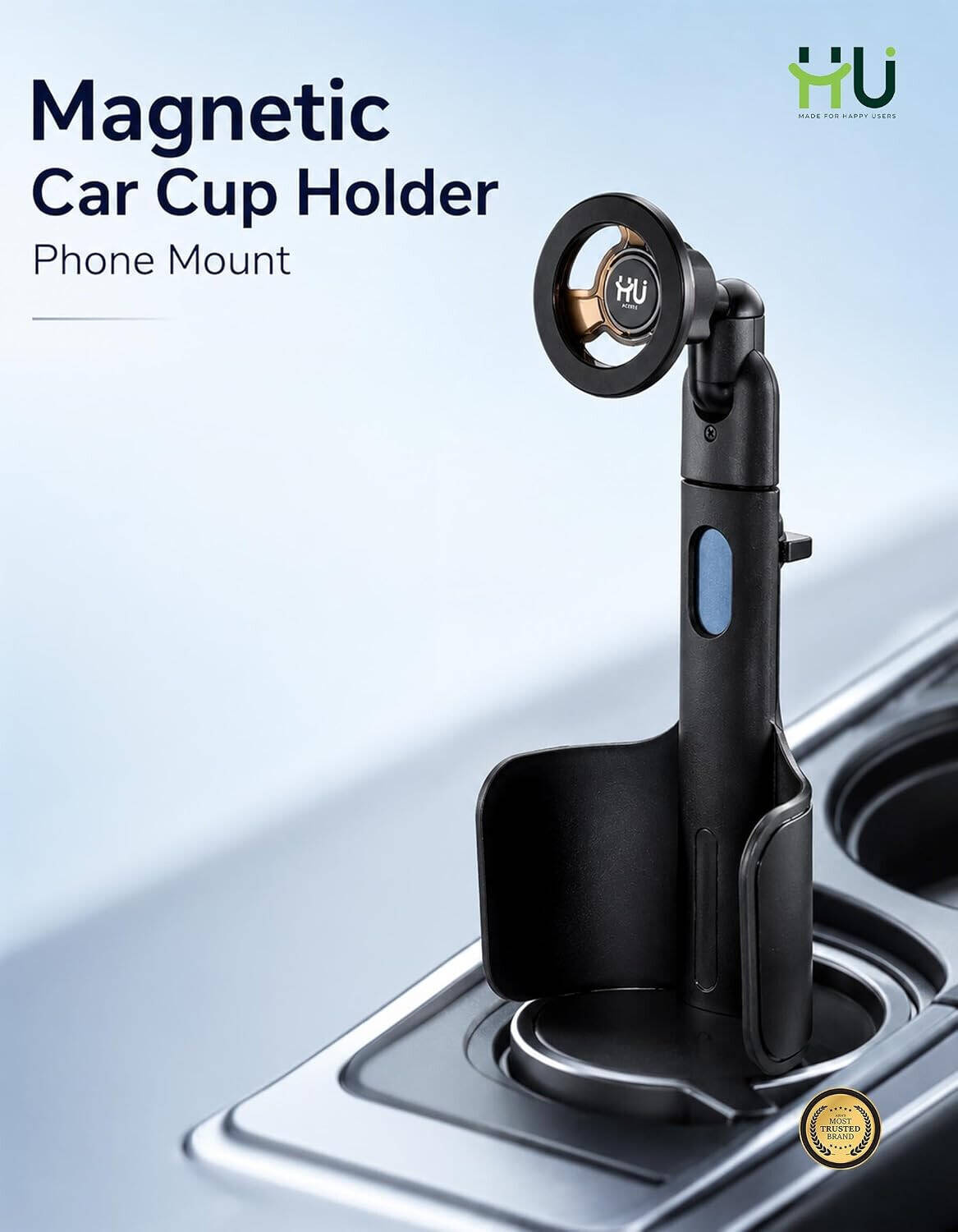 HU Magnetic Car Cup Holder Phone Mount with 360° Rotation & Adjustable Telescopic Arm Universal Smartphone Holder Devices Stand, Black HAC-1036