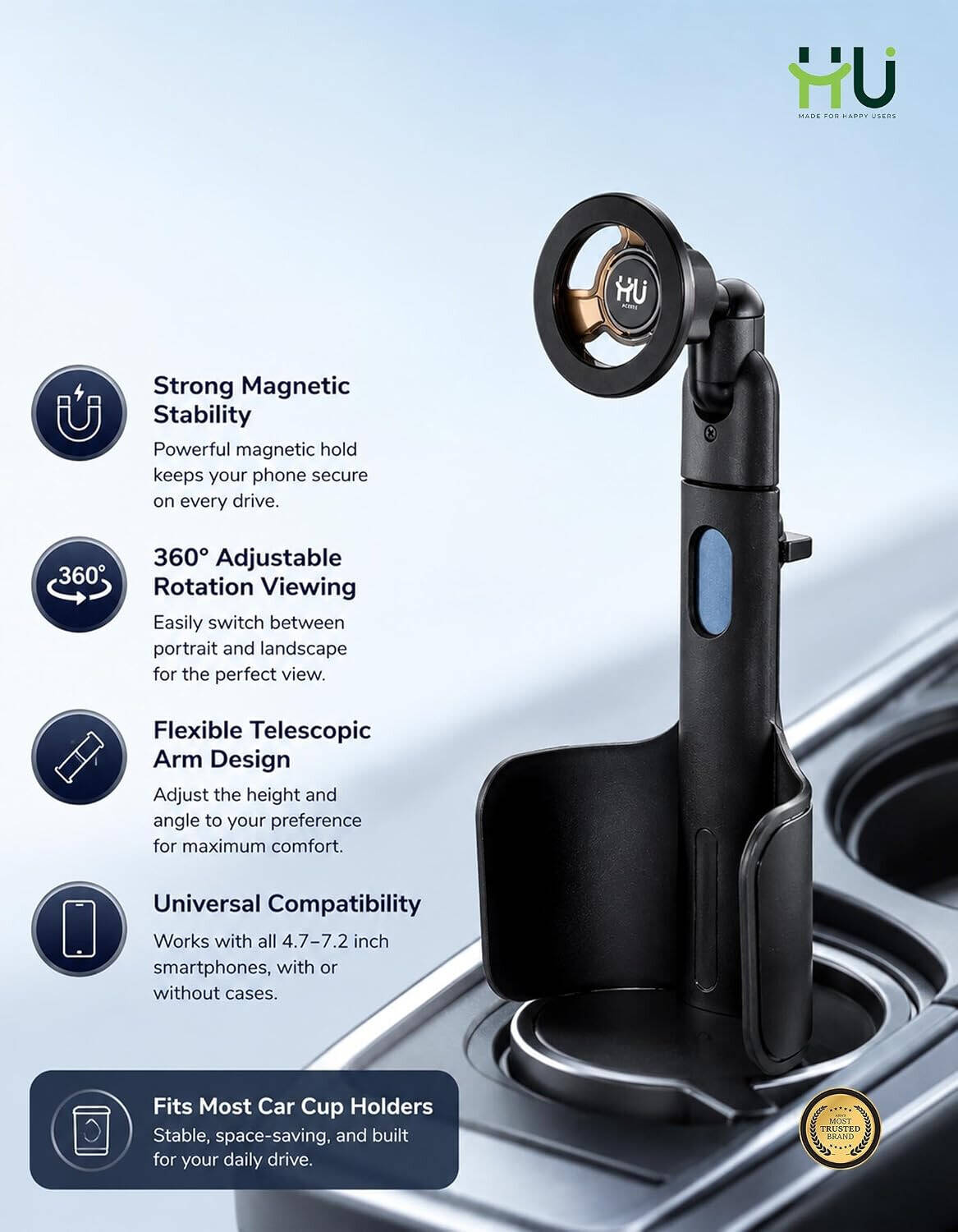 HU Magnetic Car Cup Holder Phone Mount with 360° Rotation & Adjustable Telescopic Arm Universal Smartphone Holder Devices Stand, Black HAC-1036