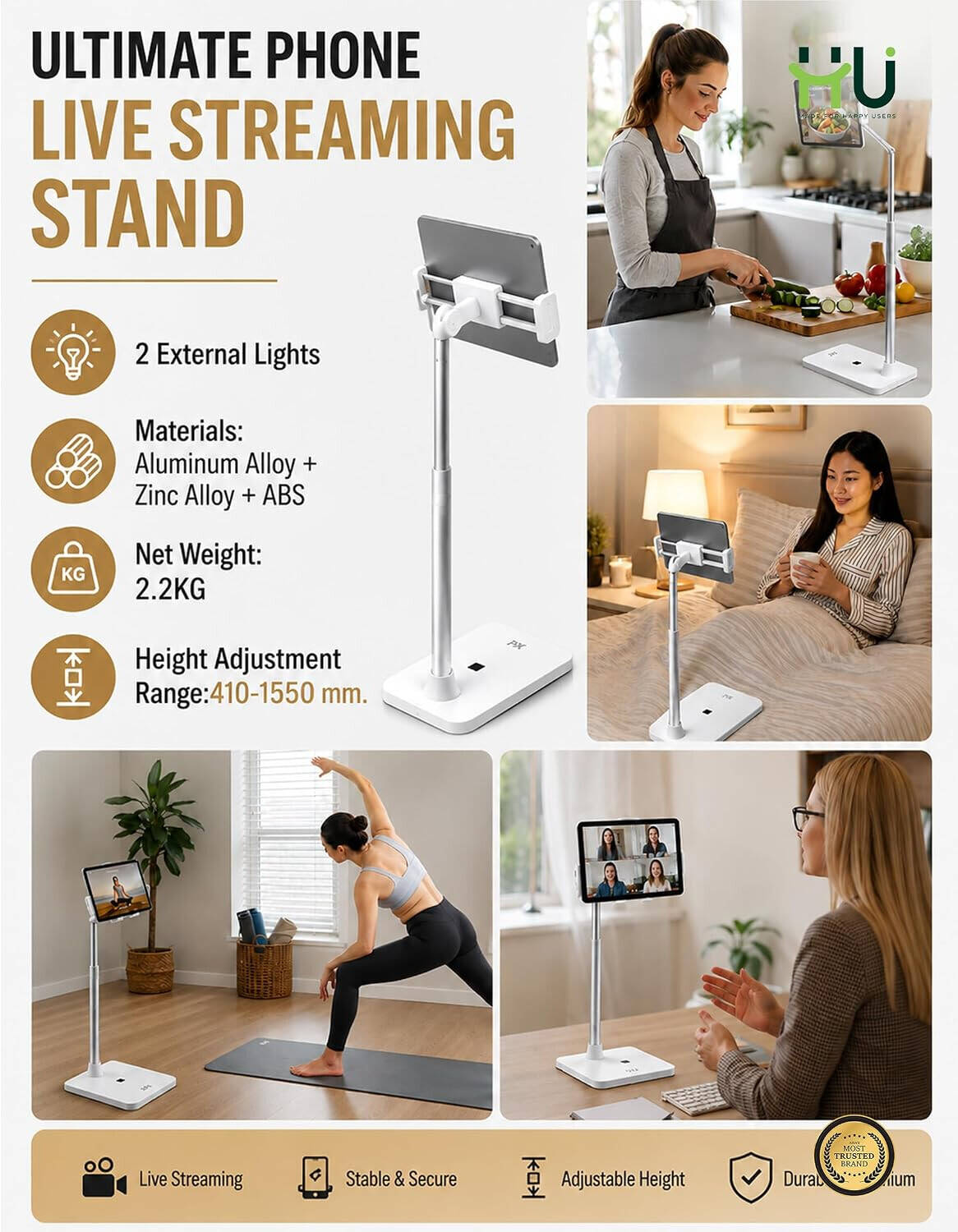 HU Ultimate Mobile Live Streaming Stand, with Dual LED Lighting, Aluminum Alloy Tripod,Photography, and Video Recording.HAC-1038