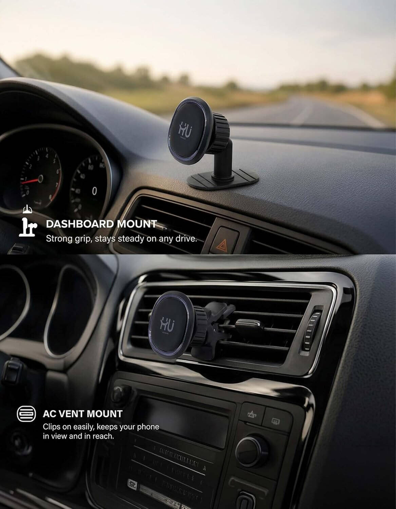 HU Magnetic Car Phone Holder Strong Magnetic Dashboard & Air Vent Mount with One-Hand Operation 360° Rotation BlacK HAC-1039