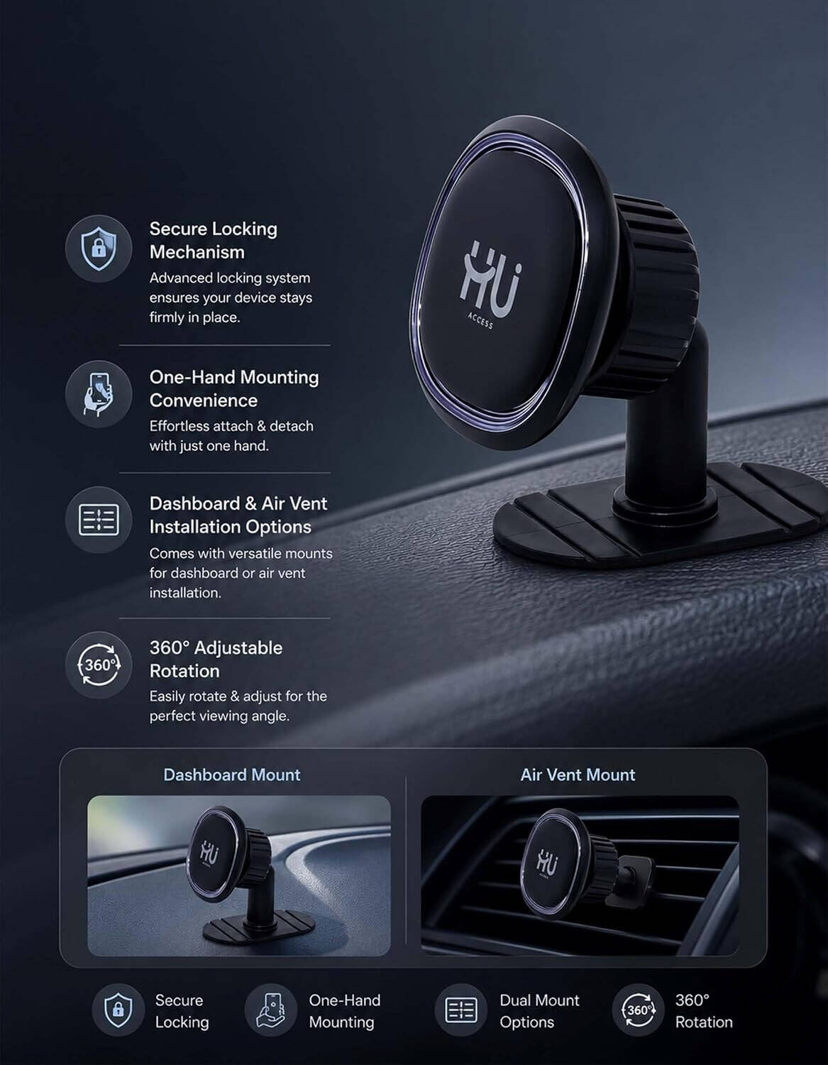 HU Magnetic Car Phone Holder Strong Magnetic Dashboard & Air Vent Mount with One-Hand Operation 360° Rotation BlacK HAC-1039