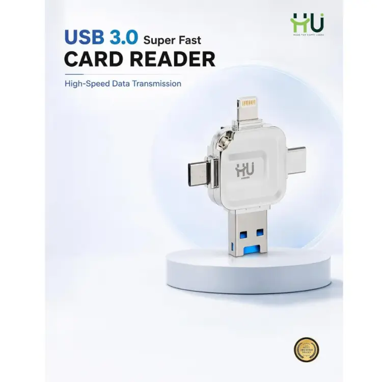 HU USB 3.0 Super-Fast Card Reade Plug & Play High-Speed Data Transfer Reader for iPhone, Android, Laptop & PC, Compact Portable SD/TF Card Reader, White HAC-1049