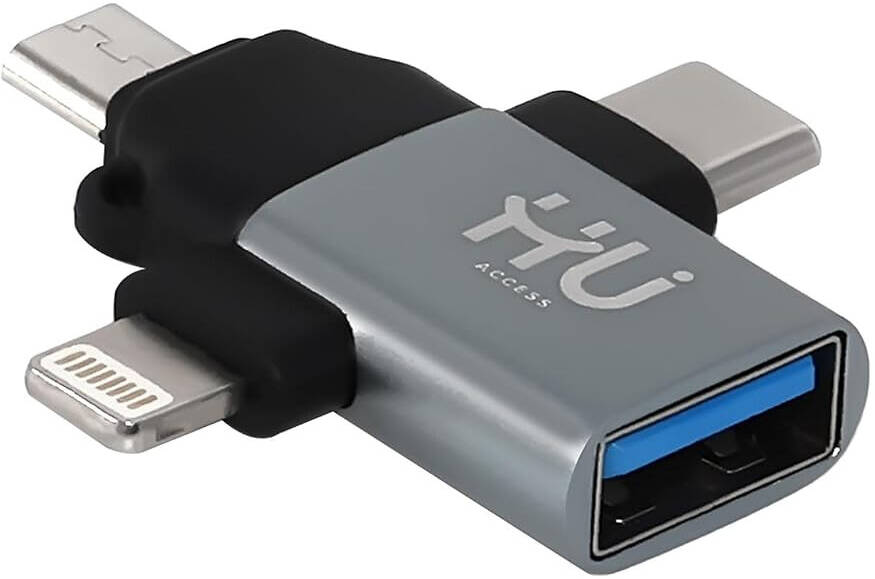 HU 3-in-1 OTG USB Adapter with USB-C, Micro USB, and Lightning Connectors, Adapter Easy-to-Use OTG Adapter, Gray  HAC-1050