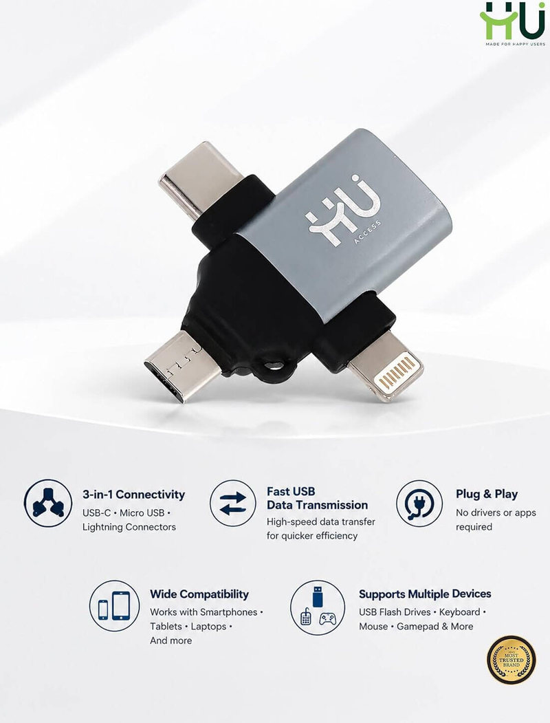 HU 3-in-1 OTG USB Adapter with USB-C, Micro USB, and Lightning Connectors, Adapter Easy-to-Use OTG Adapter, Gray  HAC-1050