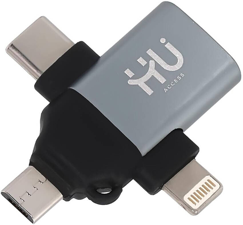 HU 3-in-1 OTG USB Adapter with USB-C, Micro USB, and Lightning Connectors, Adapter Easy-to-Use OTG Adapter, Gray  HAC-1050