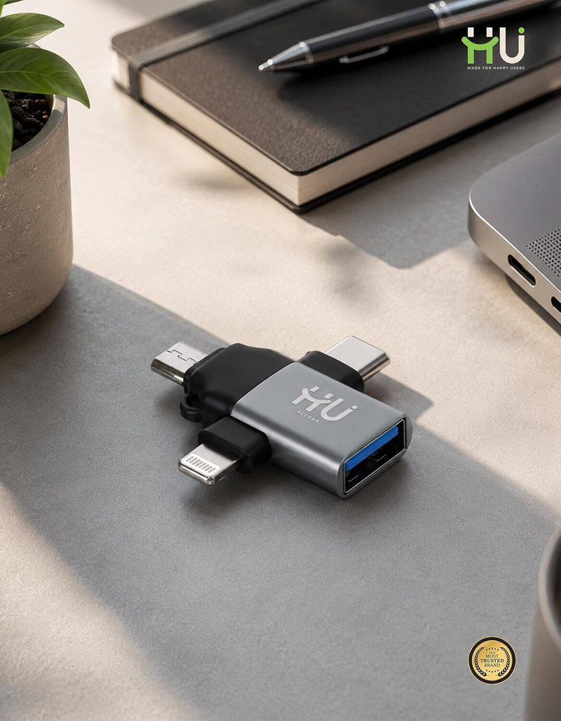 HU 3-in-1 OTG USB Adapter with USB-C, Micro USB, and Lightning Connectors, Adapter Easy-to-Use OTG Adapter, Gray  HAC-1050