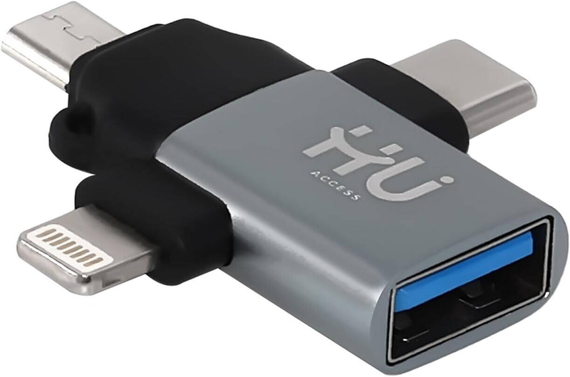 HU 3-in-1 OTG USB Adapter with USB-C, Micro USB, and Lightning Connectors, Adapter Easy-to-Use OTG Adapter, Gray  HAC-1050